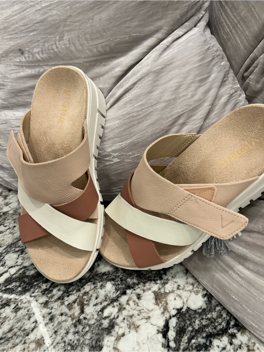 Vionic Women's Pink, Cream & Brown Crisscross Comfort Sandals - Picture 2 of 7